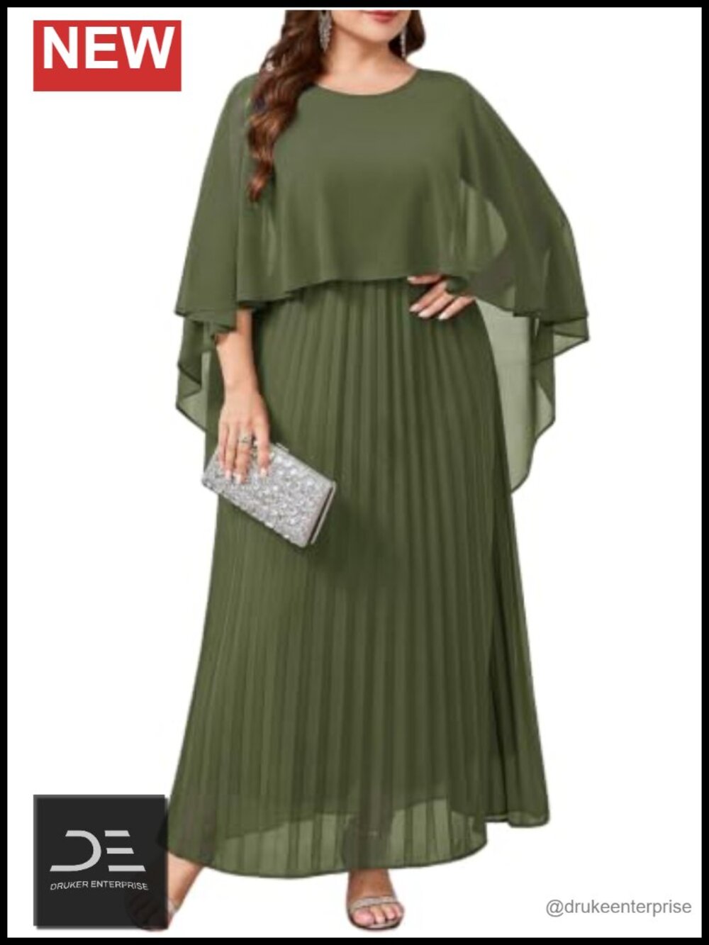 Chiffon Maxi Dress Pleated A-Line Cape Formal Wedding Guest Evening Gown